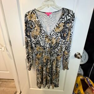 Lilly Pulitzer Women Wrap Dress Smocked Floral Mustard Gold Black Size L